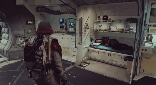 Andreja sleeping in spaceship in Starfield.