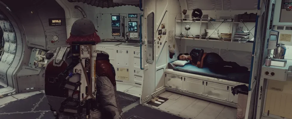 Andreja sleeping in spaceship in Starfield.
