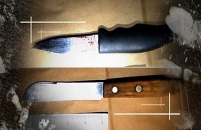 Le marteau et les couteaux qui ont envoyé Scooter dans l'au-delà.  NOUVELLE POLICE DE PORT RICHEY