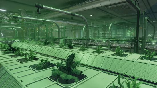 Un laboratoire hydroponique avec quelques plantes en pots de près, tandis qu'une rangée de Nirnroots rougeoyantes peut être vue en arrière-plan.