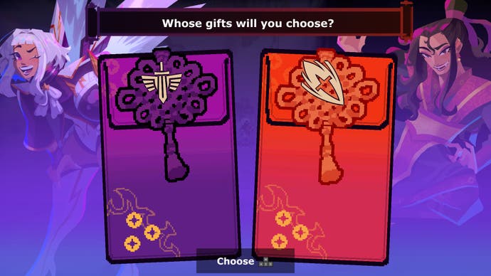 Une scène de mi-automne dans laquelle le joueur doit choisir entre deux cadeaux de deux esprits ancestraux, présentés sous la forme d'une enveloppe rouge chinoise.