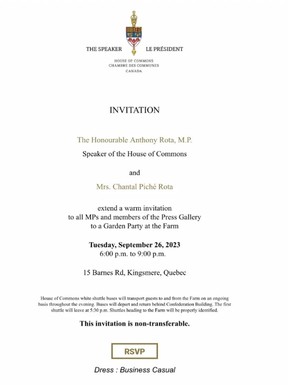 Invitation à un dîner à la résidence officielle du Président de la Chambre des communes à Kingsmere, connue sous le nom de The Farm.