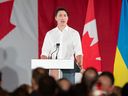 Le Premier ministre canadien Justin Trudeau s'exprime lors d'un événement avec la communauté ukrainienne canadienne et le président ukrainien Volodymyr Zelensky, non représenté, à Toronto, Ontario, Canada, le 22 septembre 2023.  