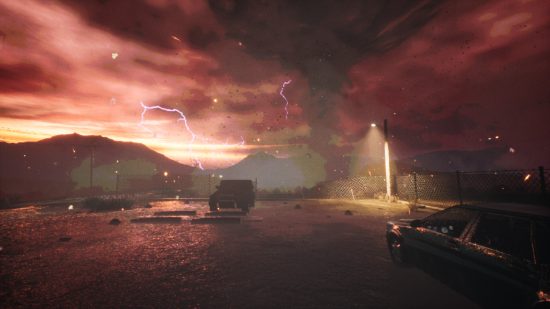 Une montagne poussiéreuse avec un ciel rouge sang et des éclairs autour, avec une jeep abandonnée et un lampadaire vacillant