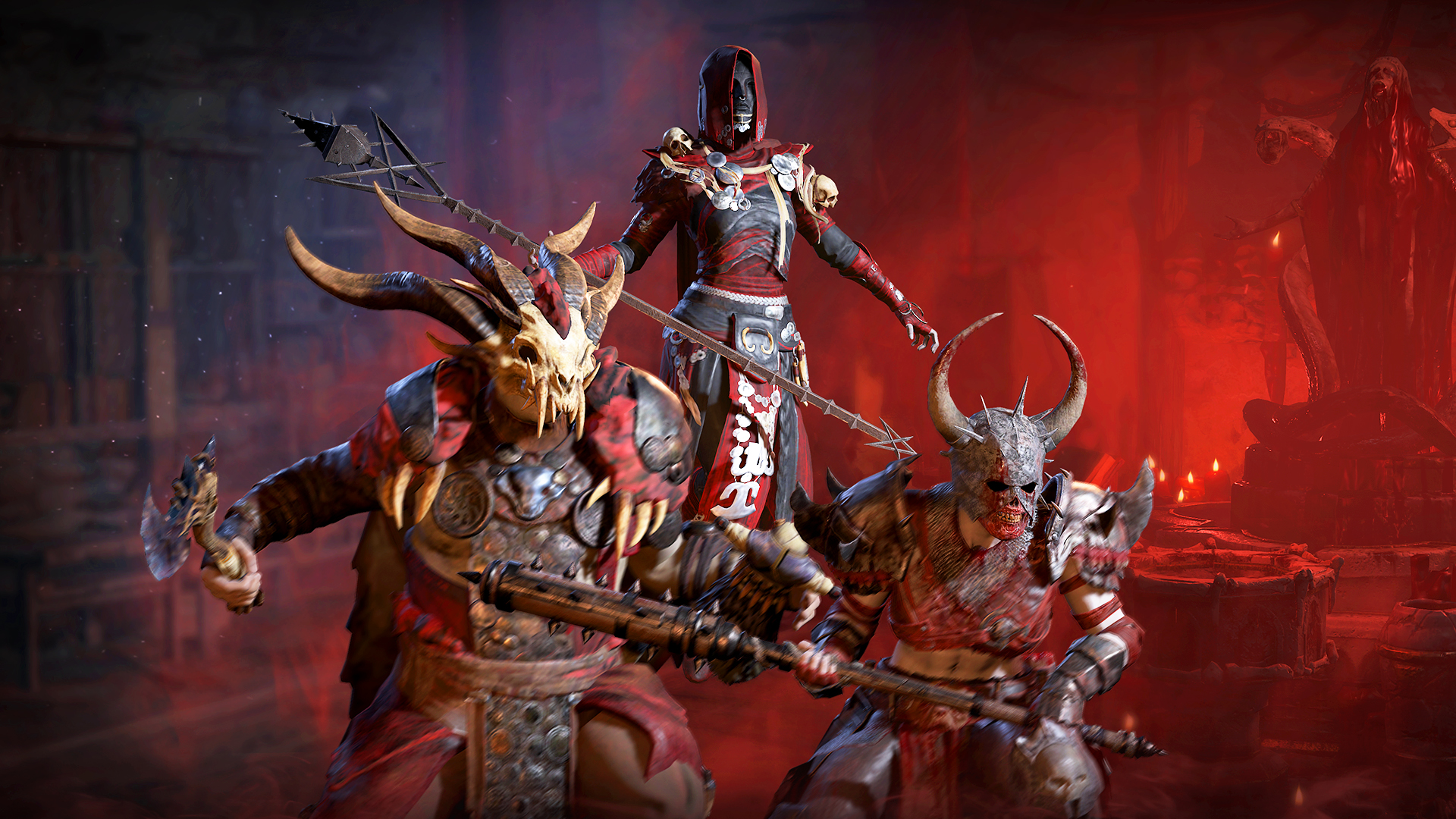 Capture d'écran de Diablo 4 de trois personnages en armure et robes démoniaques
