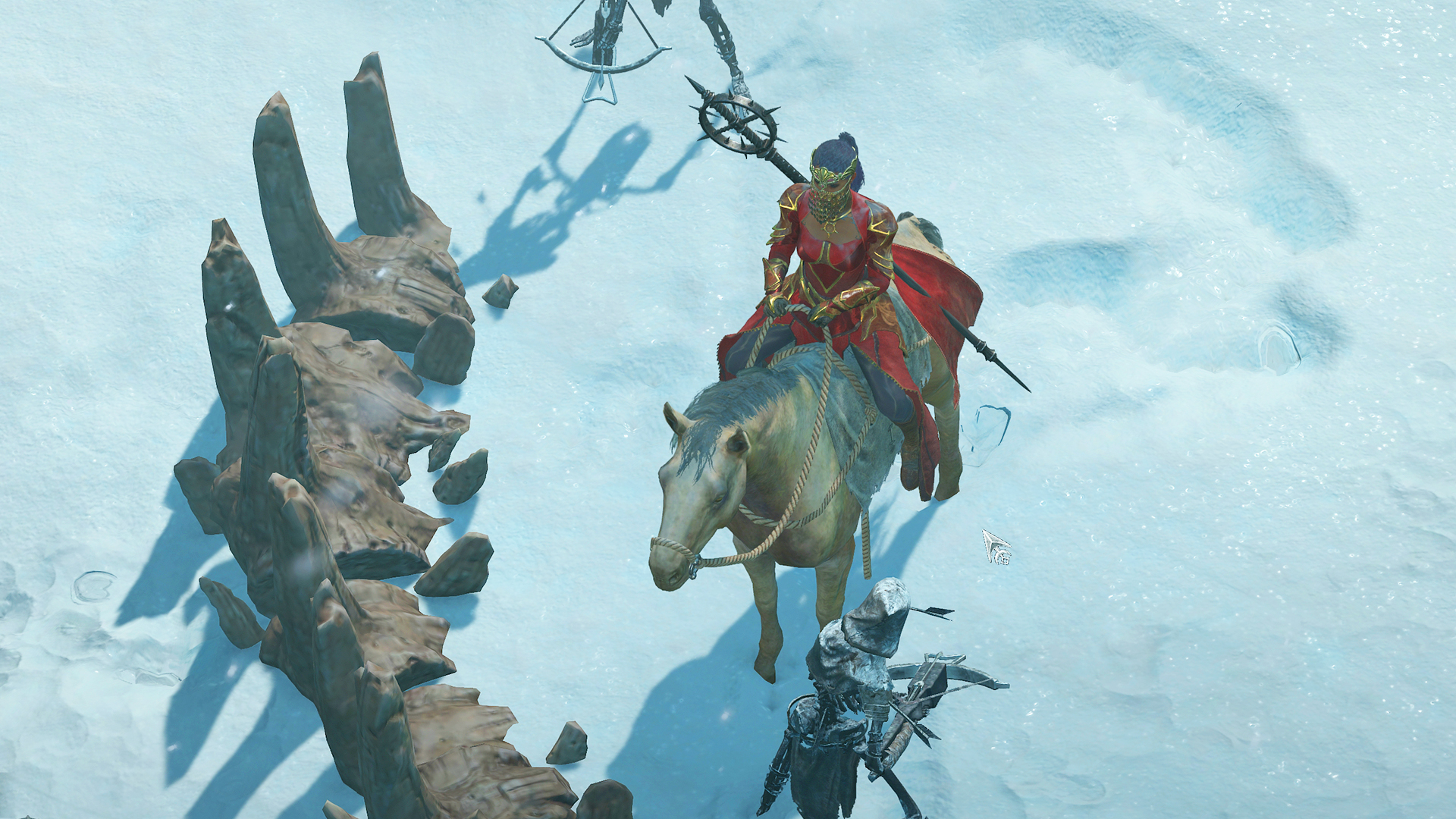 Diablo 4 Sorcier à cheval près d'une barricade squelettique
