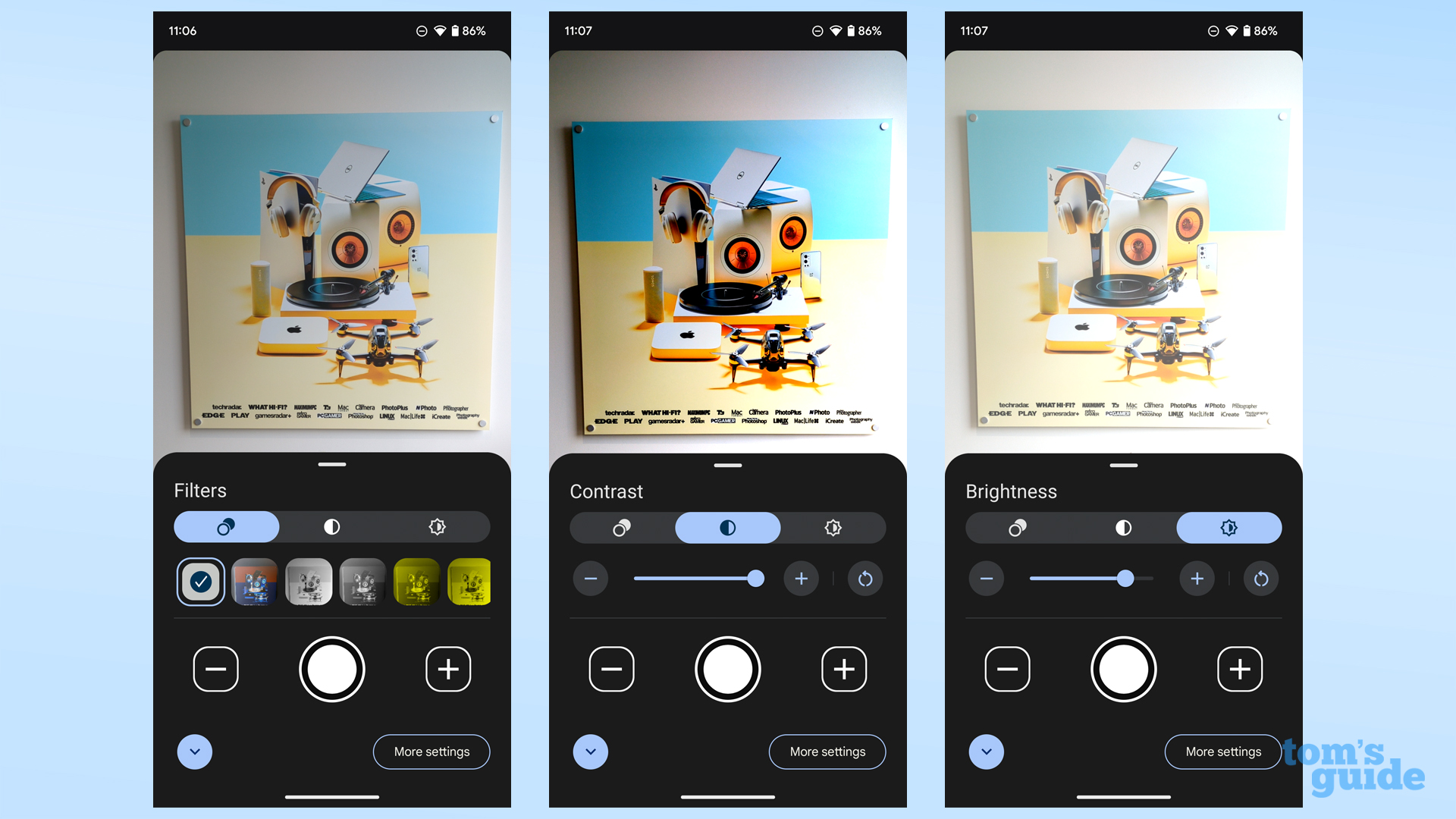 Captures d'écran montrant les commandes de filtre, de luminosité et de contraste de l'application Google Magnifier