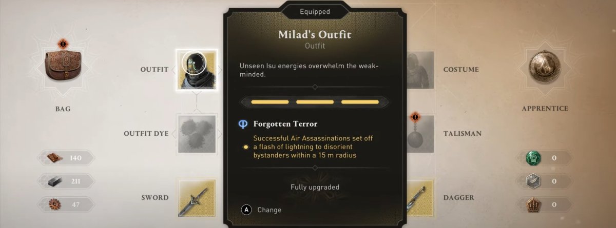 Écran d'inventaire montrant la tenue de Milad dans Assassin's Creed Mirage (AC Mirage)