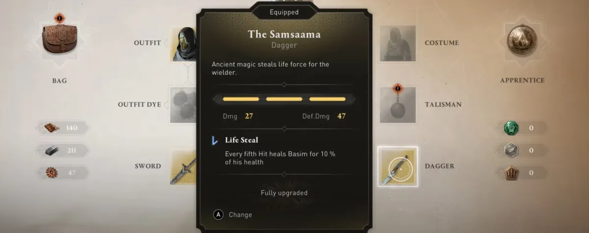 Écran d'inventaire montrant le poignard Samsaama dans Assassin's Creed Mirage (AC Mirage)