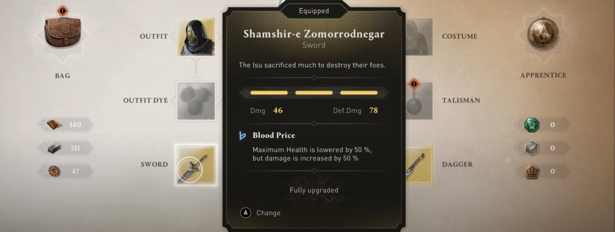 Écran d'inventaire montrant l'épée Shamshir-e Zomorrodnegar dans Assassin's Creed Mirage (AC Mirage)