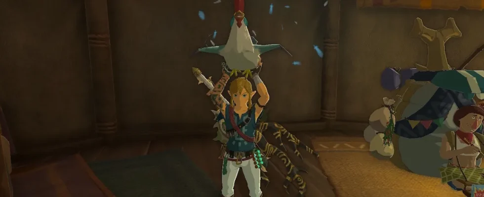 Link holding Cucco in Riverside Stable in The Legend of Zelda: Tears of the Kingdom.