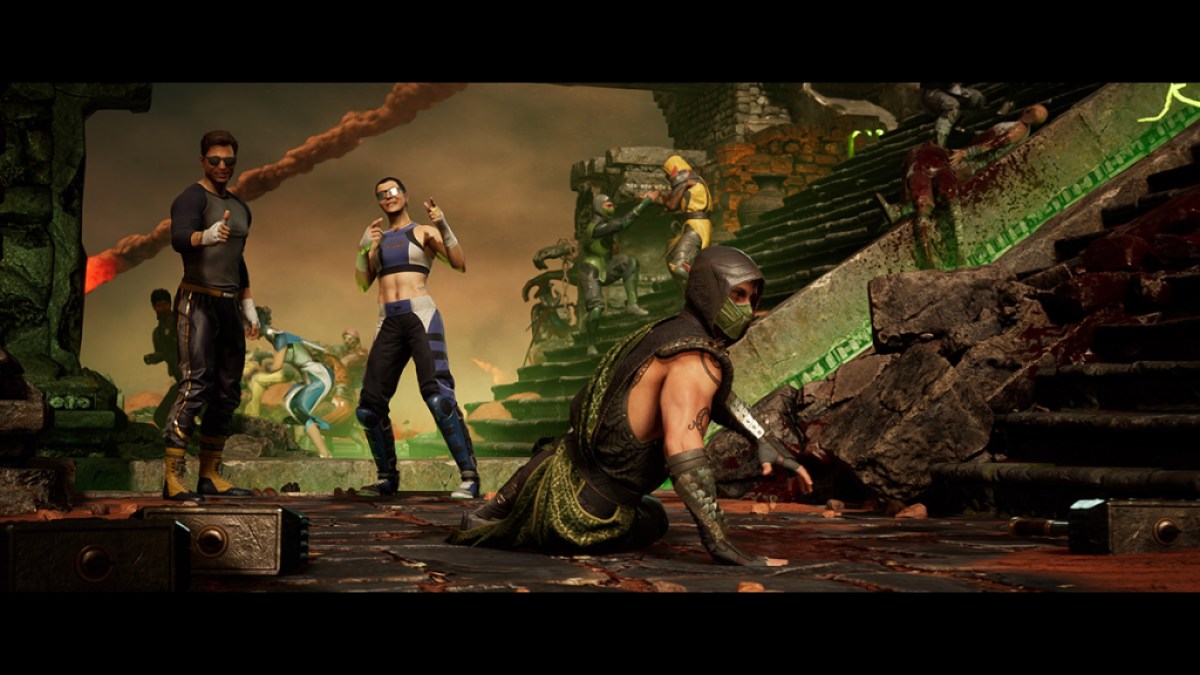 Image de Mortal Kombat 1 (MK1) montrant des personnages tels que Johnny Cage et Reptile dans le cadre d'un article sur la fin désordonnée et adorable du jeu de l'ère PS2.