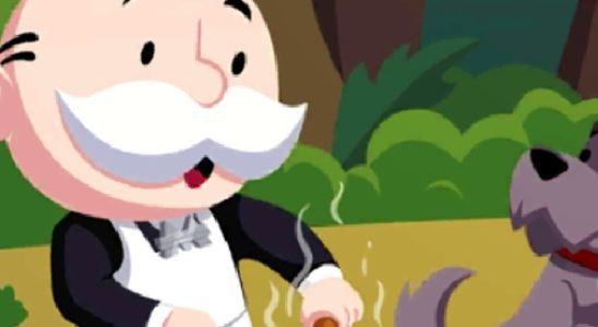 Header for Monopoly GO showing the Monopoly Man and his dog talking about all the rewards and how to get them for the Camp Cook-Off event.