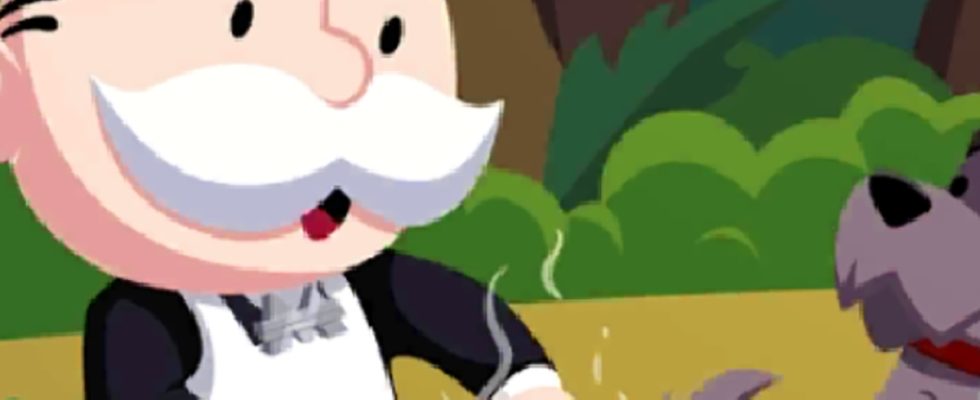 Header for Monopoly GO showing the Monopoly Man and his dog talking about all the rewards and how to get them for the Camp Cook-Off event.