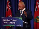 Le premier ministre de l'Ontario, Doug Ford, parle du plan de ceinture de verdure de son gouvernement à Queen's Park, le mardi 5 septembre 2023. 