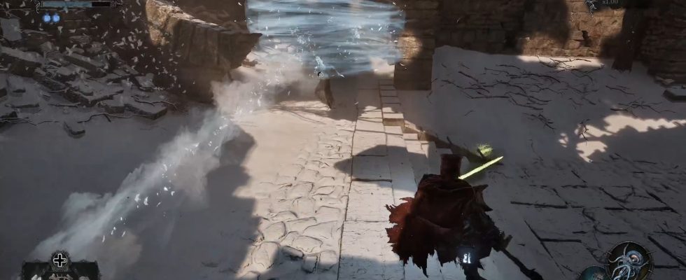 Image from Lords of the Fallen (LotF) showing a battle with Griefbound Rowena as part of a guide on how to beat her in the game.