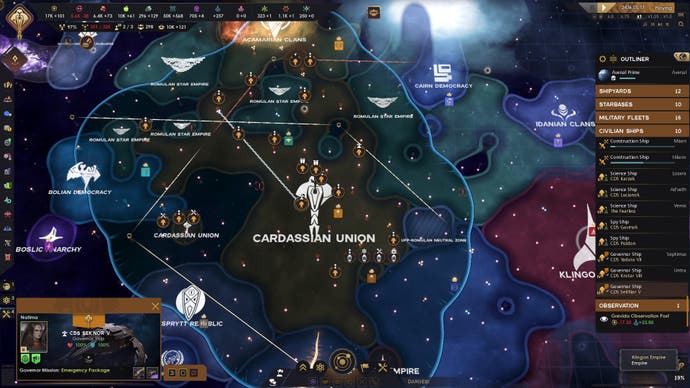Star Trek : Infinite capture d'écran de la carte galactique montrant l'Union cardassienne et son espace accessible, le tout entouré de diverses autres puissances