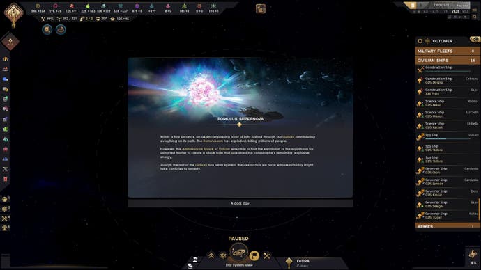 Star Trek : Infinite capture d'écran montrant une invite d'événement annonçant la supernova solaire romulienne