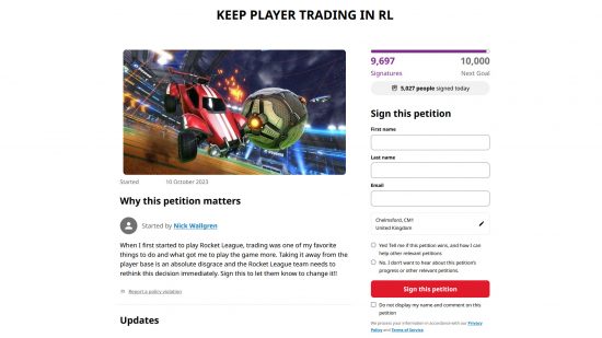 Rocket League supprime l'échange de joueurs - Pétition sur Change.org appelant Psyonix et Epic à ne pas supprimer la fonctionnalité d'échange.