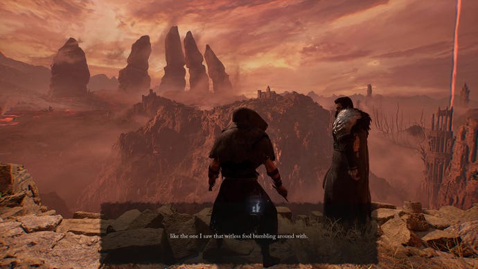 Une capture d'écran de Lords Of The Fallen qui montre le joueur discutant avec un chevalier désespéré au bord d'une falaise.