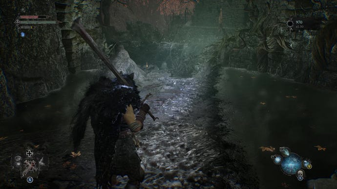 Une capture d'écran de Lords Of The Fallen qui montre le joueur allumant une lanterne sur un ruisseau auparavant inaccessible et révélant une zone Umbral qu'il est capable de traverser.