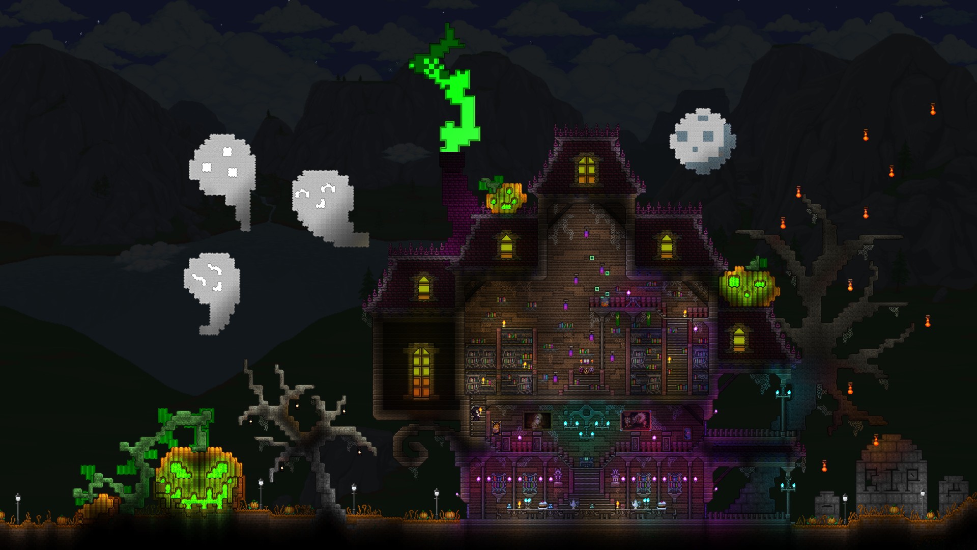 Maison hantée Terraria construite avec un éclairage vert et violet et des fantômes qui l'entourent