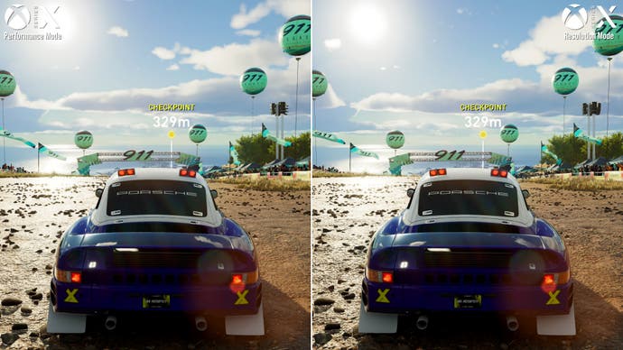 Captures d'écran de la Xbox Series X dans le Crew Motorfest, montrant de petites différences visuelles dans les modes de performances et de résolution