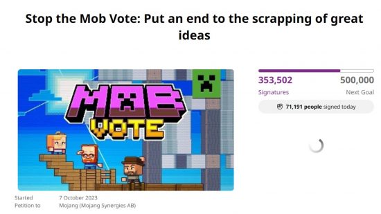 Une capture d'écran d'une pétition change.org montrant plus de 350 000 signatures sur la pétition Minecraft Stop the Mob Vote