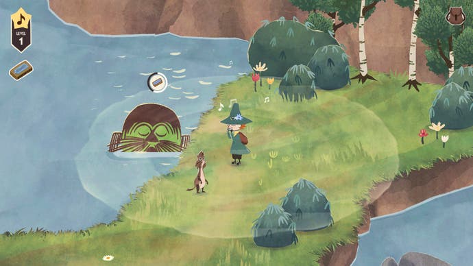 Une capture d'écran du jeu Snufkin : Melody of Moominvalley, montrant le personnage principal Snufkin jouant de son harmonica et avec lui, convaincant une créature dans l'eau avec une grosse tête de le faire traverser.