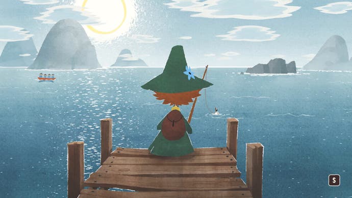 Une image d'écran de démarrage (sans jeu de mots) de Snufkin : Melody of Moominvalley, dans laquelle Snufkin est assis au bout d'une jetée, donnant sur un lac plat qui scintille de soleil, et il commence à pêcher.