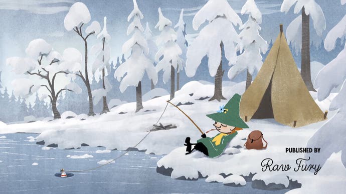 Une image de la séquence d'introduction étendue de Snufkin : Melody of Moominvalley, montrant le personnage Snufkin allongé, les jambes croisées alors qu'il pêche dans une rivière gelée, et sa tente se dresse sur un sol enneigé à proximité.