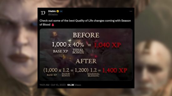 Modifications de Diablo 4 Saison 2 – Vidéo de Blizzard montrant les modifications de Diablo IV Season of Blood avec des calculs incorrects.