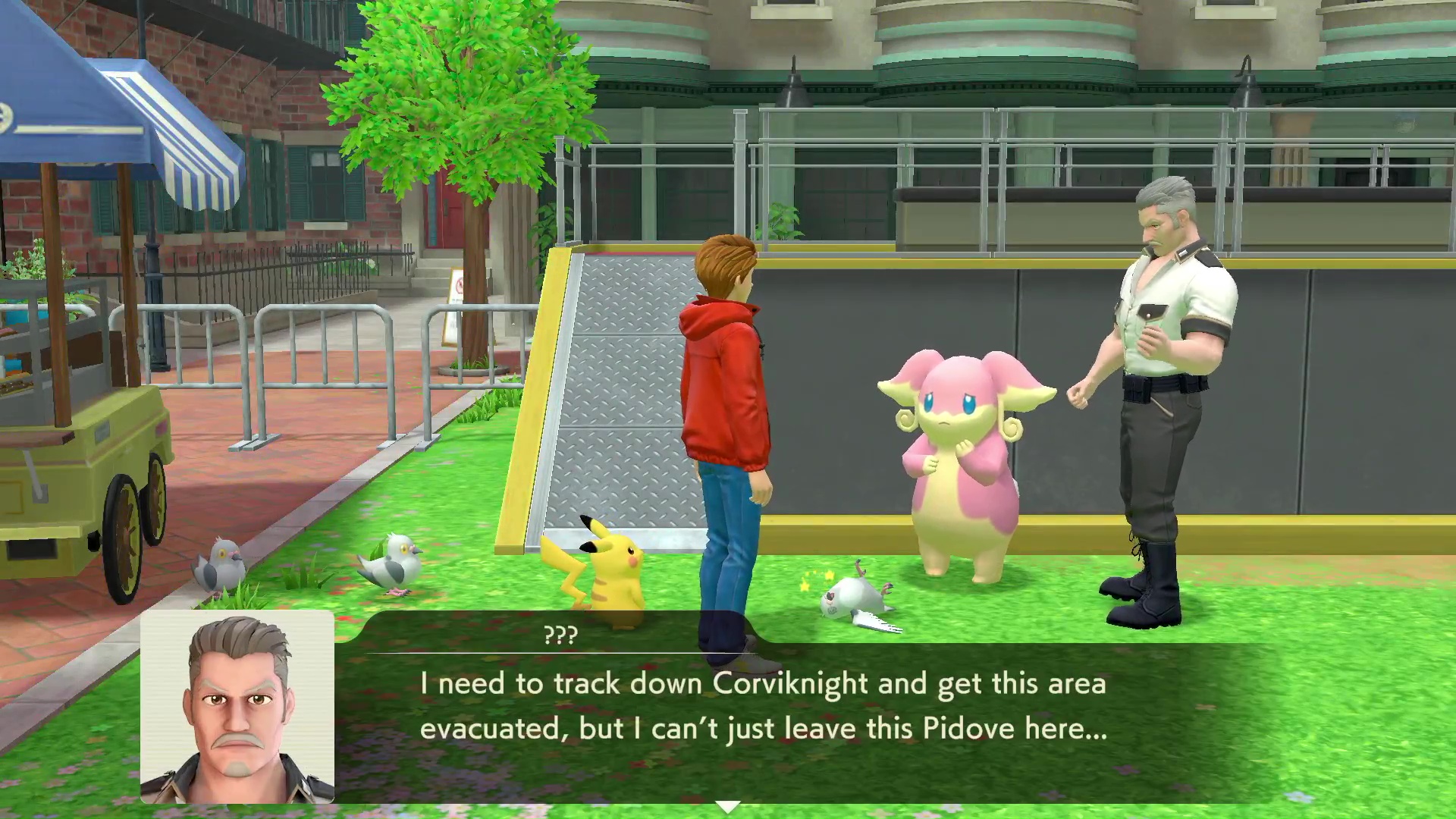 Capture d'écran du détective Pikachu Returns avec Tim Goodman trouvant des objets et parlant à Pokémon pour résoudre le dernier mystère.