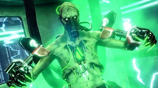 Killing Floor 2 Last Hans Standing - Une silhouette torse nu avec un masque sur le visage est câblée dans une chambre remplie de smog vert.