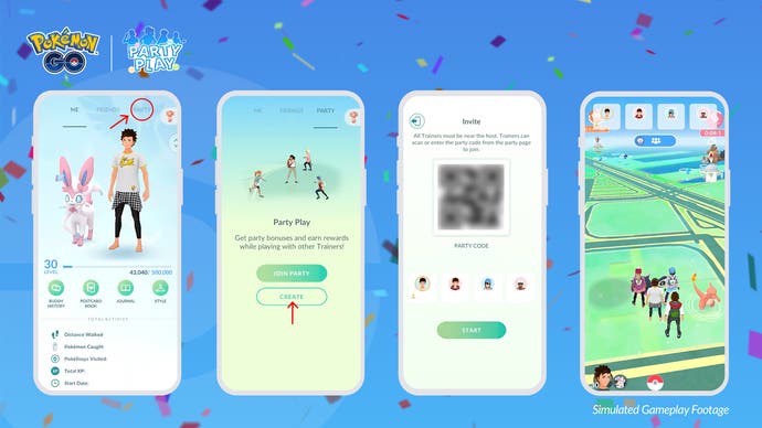 Captures d'écran de Pokémon Go Party Play montrant comment vous pouvez glisser dans le nouveau menu Fête et partager un code QR pour amener des amis à proximité dans votre jeu.