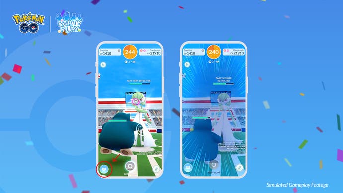 Captures d'écran de Pokémon Go Party Play montrant le nouveau bonus de combat de raid du jeu, avec des effets d'écran montrant des dégâts accrus lorsque vous jouez ensemble.