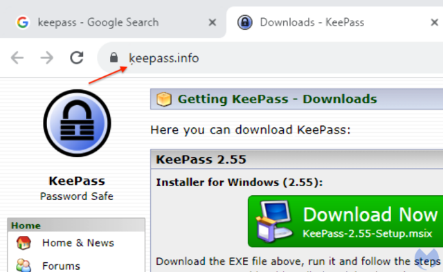 Capture d'écran montrant keepass.info dans l'URL et le logo Keepass.