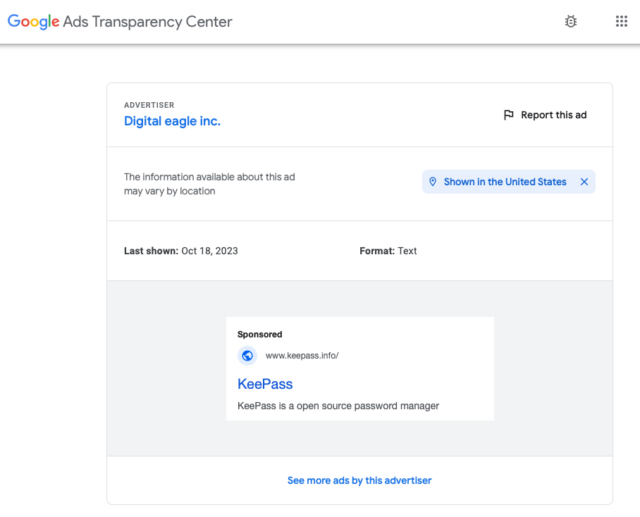 Capture d'écran de la page Google Ad Transparency affichant des informations sur Digital Eagle, Inc.