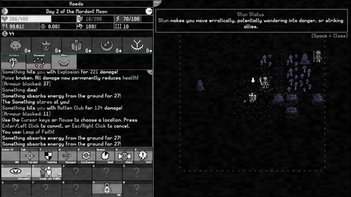 Capture d'écran de Moonring en noir et blanc montrant les effets du statut aveugle.