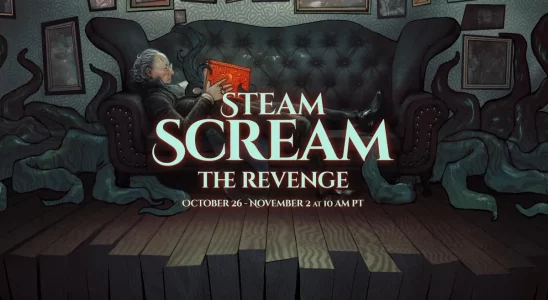Steam Scream: an old man lying on a couch with a possessed book.