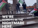 Capture d'écran d'une vidéo d'un rassemblement du week-end de Thanksgiving à Ottawa pour saluer les attentats terroristes du 7 octobre qui ont tué plus de 1 000 Israéliens.  Le président Mahmoud Kahlil, qui a mis en ligne et annoté la vidéo, a appelé à davantage d'attaques et a salué 