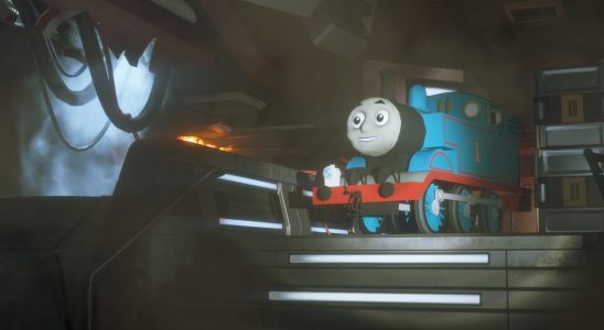 Screenshot from Alien: Isolation showing Thomas the Tank engine descending some stairs.