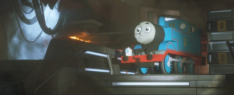 Screenshot from Alien: Isolation showing Thomas the Tank engine descending some stairs.
