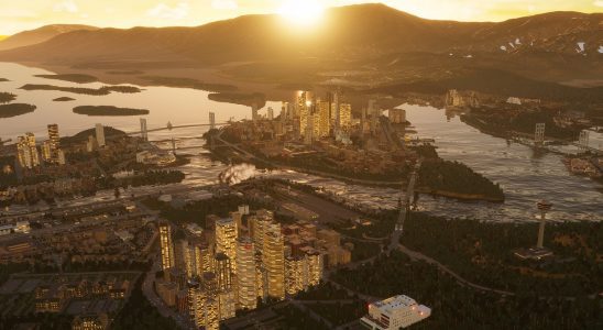 Image of a virtual city at sunset in Cities: Skylines 2 with mod support.