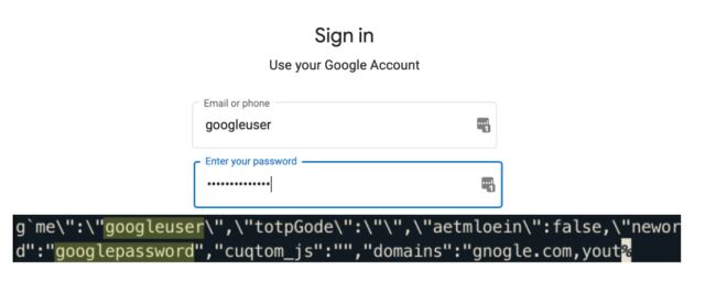 En haut : la page des comptes Google remplie automatiquement par le gestionnaire de mots de passe, où le mot de passe est googlepassword.  En bas : fuite de données de page avec informations d'identification mises en évidence.
