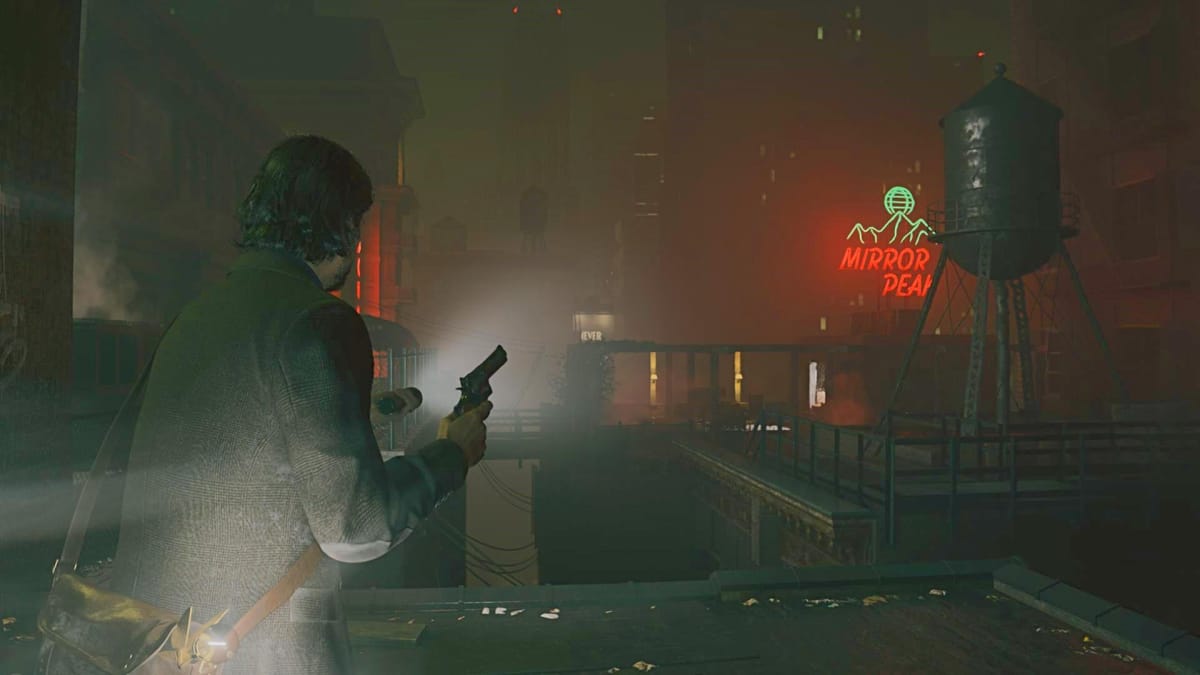 Le joueur, dans le rôle d'Alan Wake, explore un toit la nuit.