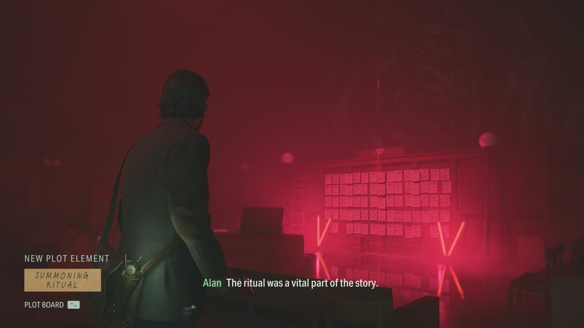 Le joueur, en tant qu'Alan Wake, change la scène dans une zone pour montrer un rituel d'invocation dans Alan Wake II.