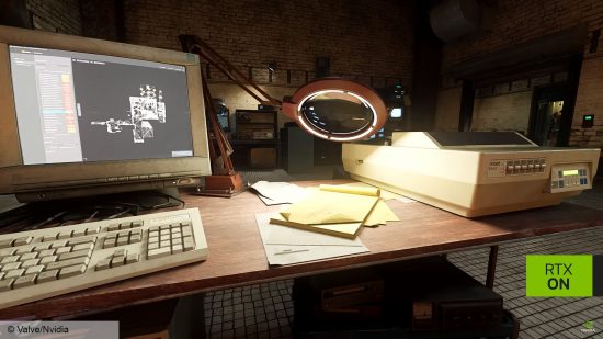 Interview Half-Life 2 RTX : un bureau avec un vieil ordinateur et une lampe dessus