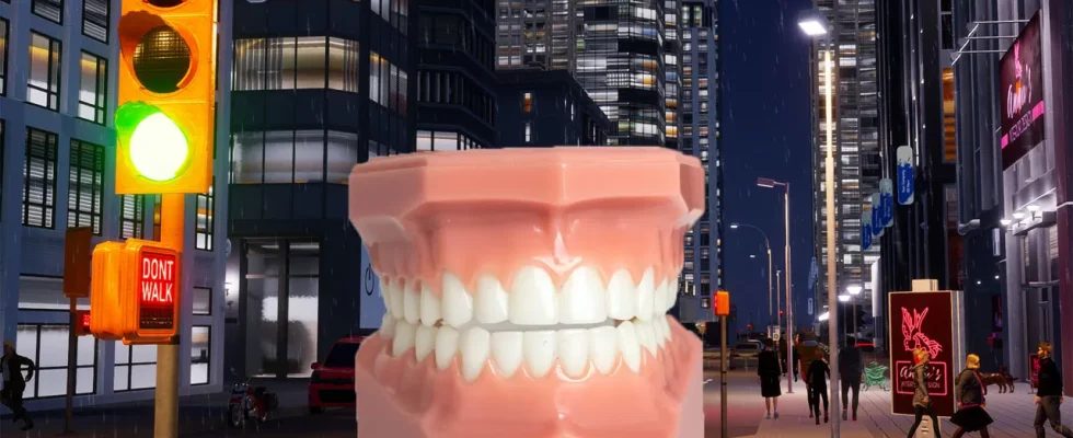 Cities: Skylines 2 with a big pair of false teeth in a street. Could teeth be slowing the game down?