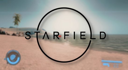 Starfield logo with a brightly lit beach behind it.